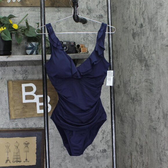 Lauren Ralph Lauren Other - Lauren Ralph Lauren Club Solid Ruffle Surplice One-Piece Swimsuit Dark Navy 10